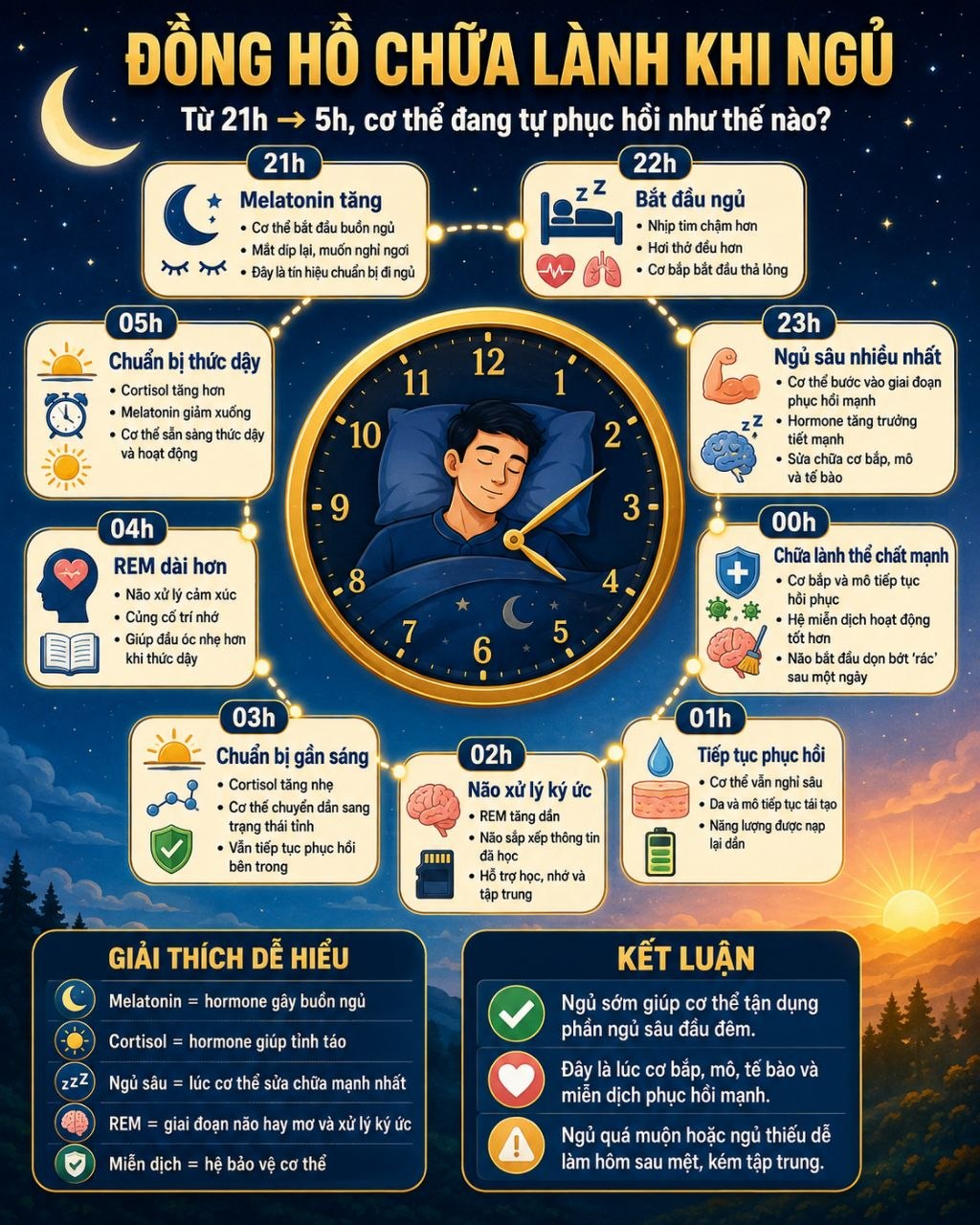 Đồng hồ chữa lành khi ngủ: từ 21h đến 5h, cơ thể phục hồi như thế nào?
